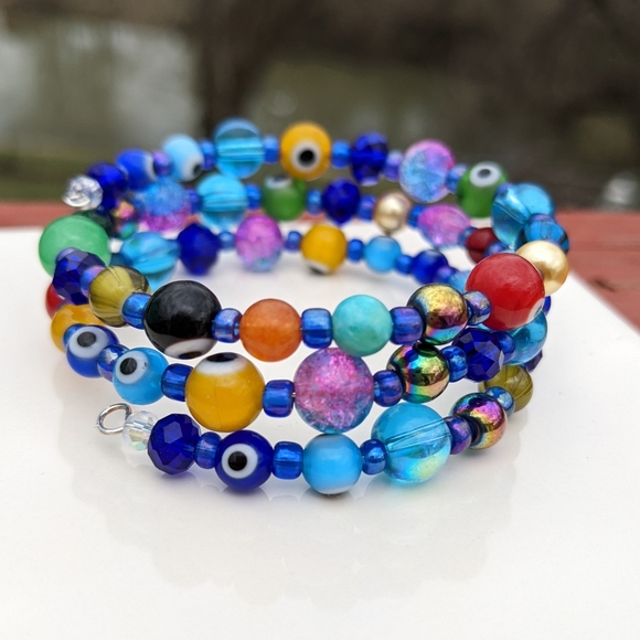 Hand Crafted Jewelry - Evil Eye Protection Beads Beaded Bracelet Glass Blue Yellow Handmade Nazar